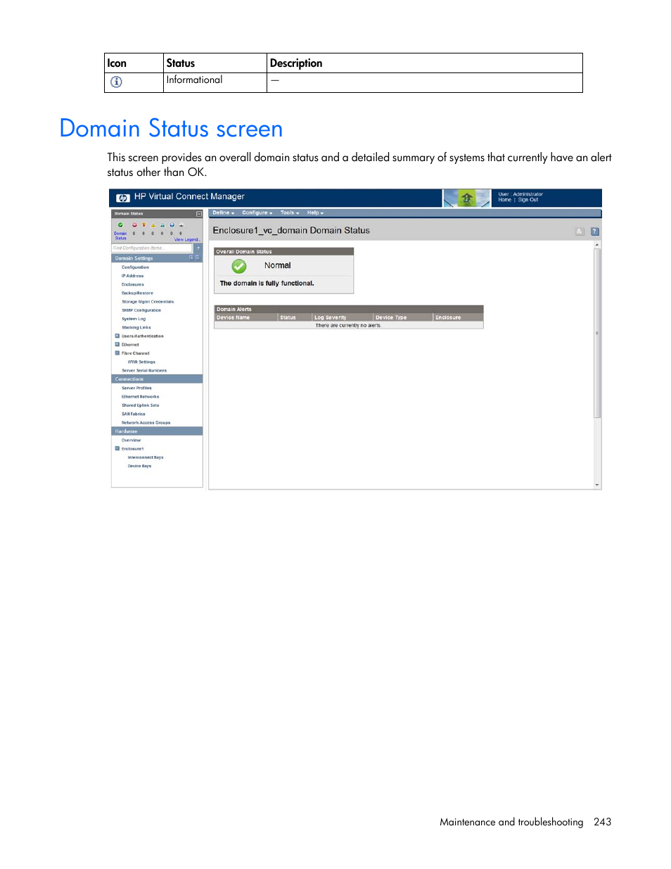Domain status screen | HP Virtual Connect 8Gb 24-port Fibre Channel Module for c-Class BladeSystem User Manual | Page 243 / 262