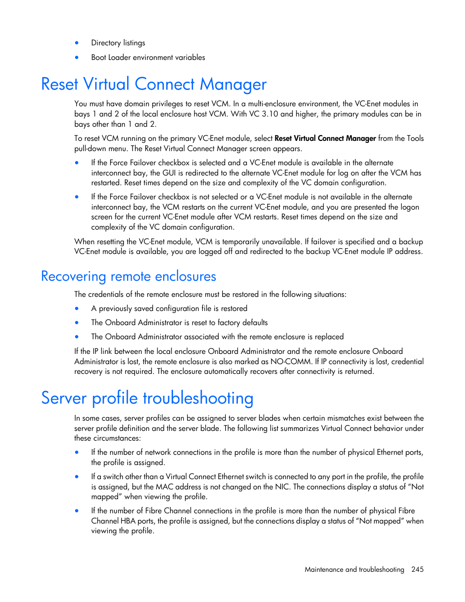 Reset virtual connect manager, Recovering remote enclosures, Server profile troubleshooting | HP Virtual Connect 8Gb 24-port Fibre Channel Module for c-Class BladeSystem User Manual | Page 245 / 262