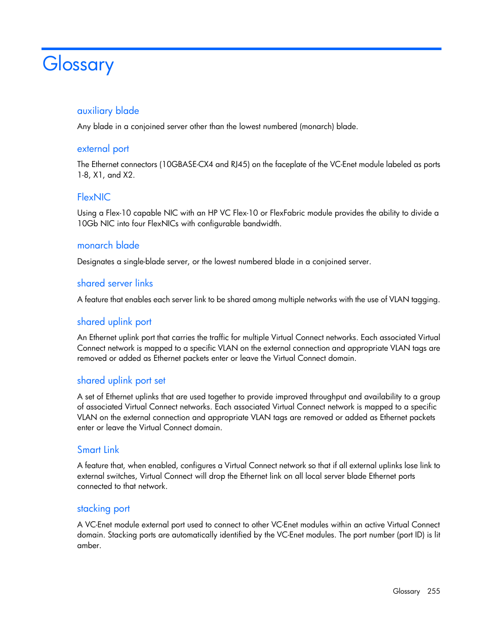 Glossary | HP Virtual Connect 8Gb 24-port Fibre Channel Module for c-Class BladeSystem User Manual | Page 255 / 262