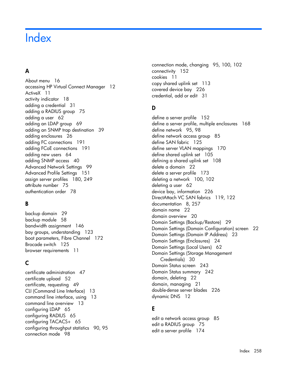 Index | HP Virtual Connect 8Gb 24-port Fibre Channel Module for c-Class BladeSystem User Manual | Page 258 / 262