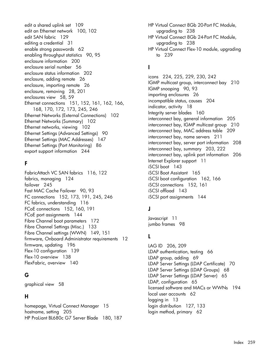 HP Virtual Connect 8Gb 24-port Fibre Channel Module for c-Class BladeSystem User Manual | Page 259 / 262