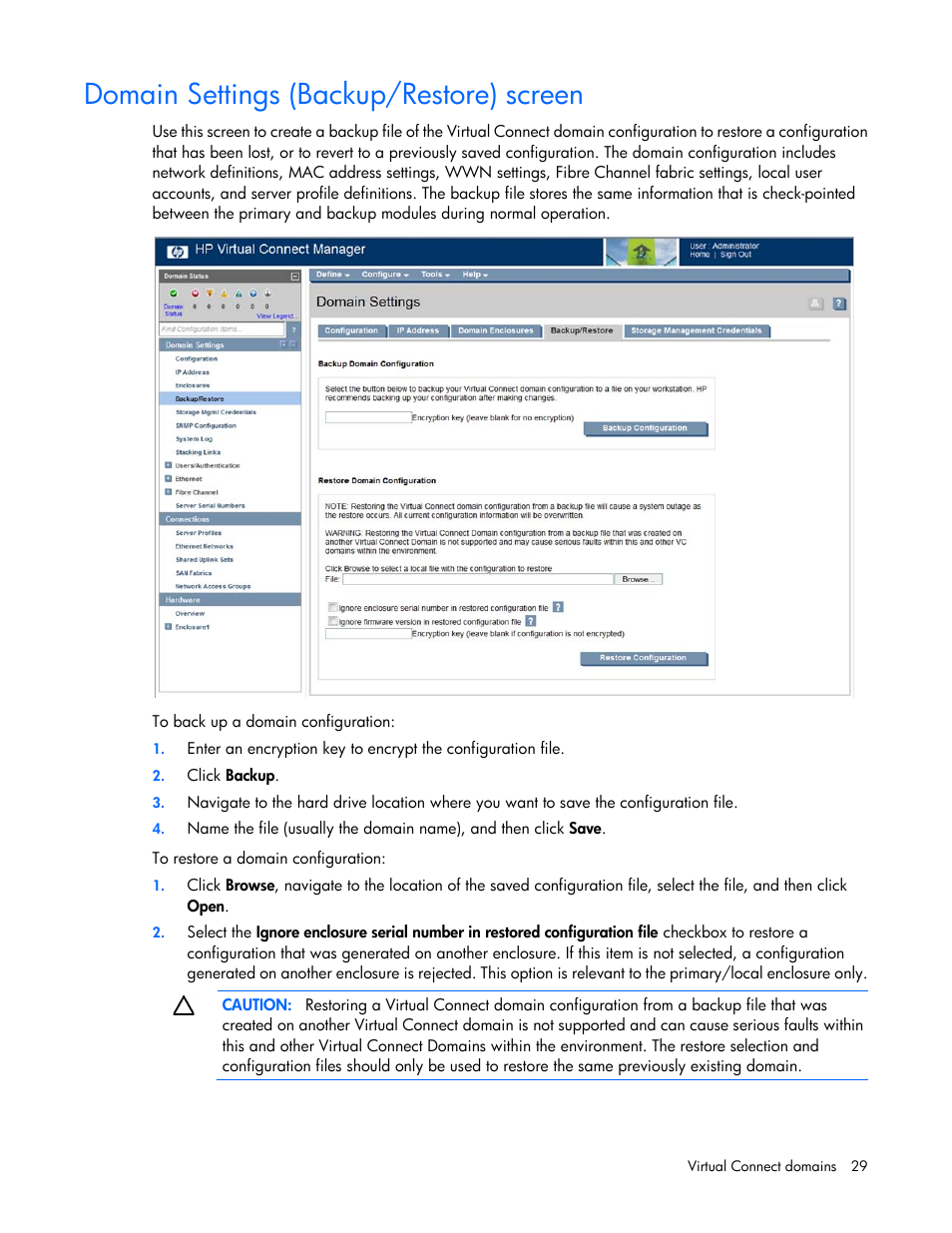 Domain settings (backup/restore) screen | HP Virtual Connect 8Gb 24-port Fibre Channel Module for c-Class BladeSystem User Manual | Page 29 / 262