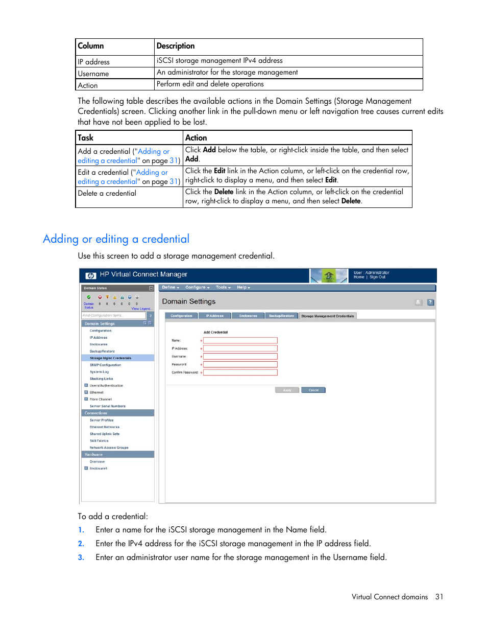 Adding or editing a credential | HP Virtual Connect 8Gb 24-port Fibre Channel Module for c-Class BladeSystem User Manual | Page 31 / 262