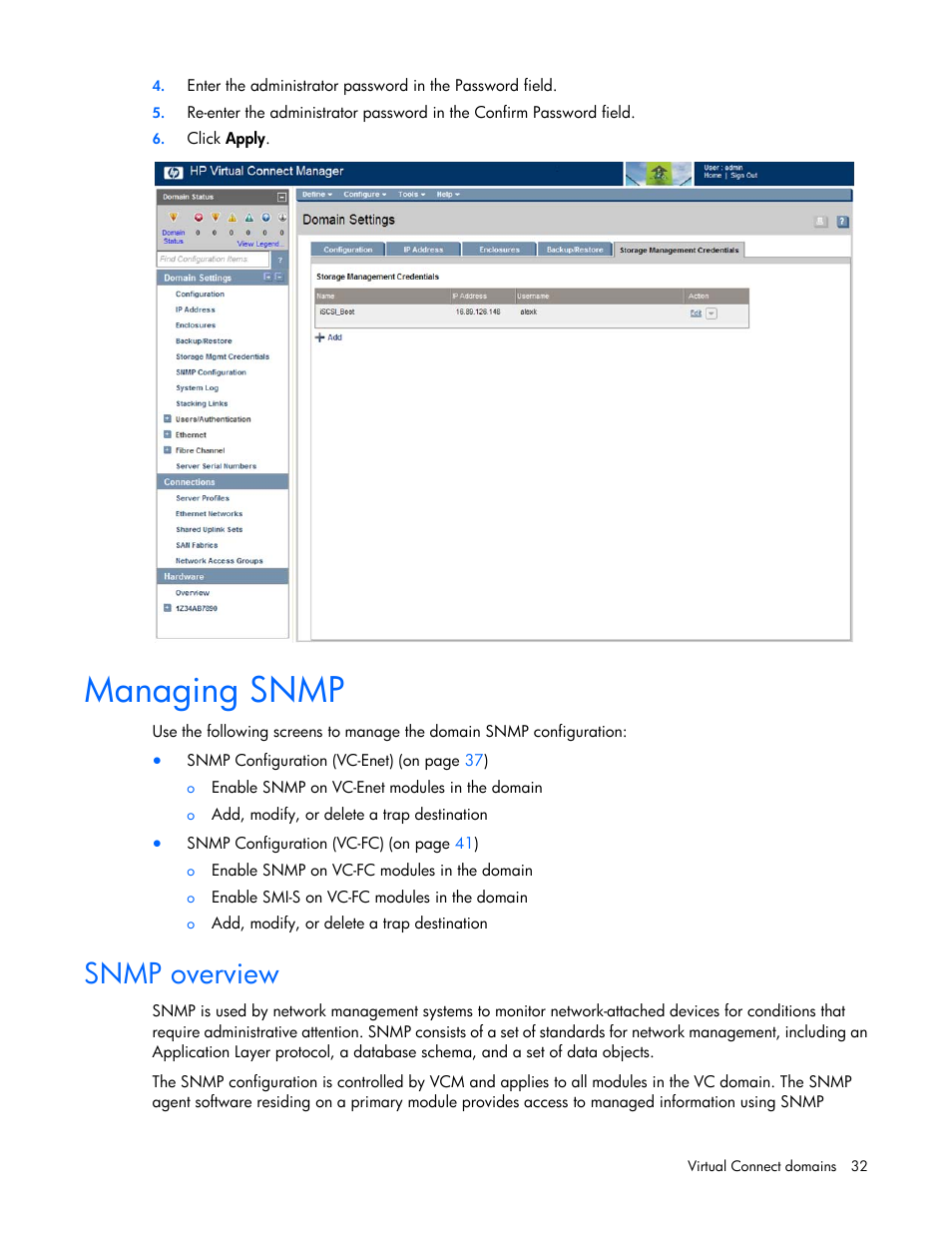 Managing snmp, Snmp overview | HP Virtual Connect 8Gb 24-port Fibre Channel Module for c-Class BladeSystem User Manual | Page 32 / 262