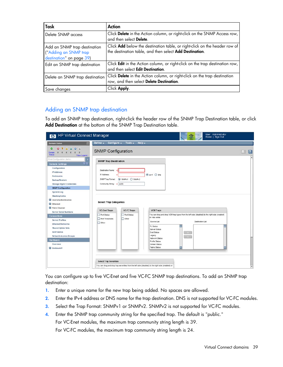 Adding an snmp trap destination | HP Virtual Connect 8Gb 24-port Fibre Channel Module for c-Class BladeSystem User Manual | Page 39 / 262