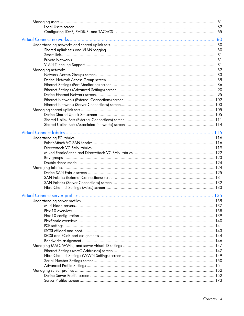 HP Virtual Connect 8Gb 24-port Fibre Channel Module for c-Class BladeSystem User Manual | Page 4 / 262