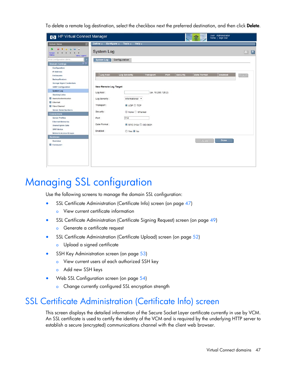 Managing ssl configuration | HP Virtual Connect 8Gb 24-port Fibre Channel Module for c-Class BladeSystem User Manual | Page 47 / 262