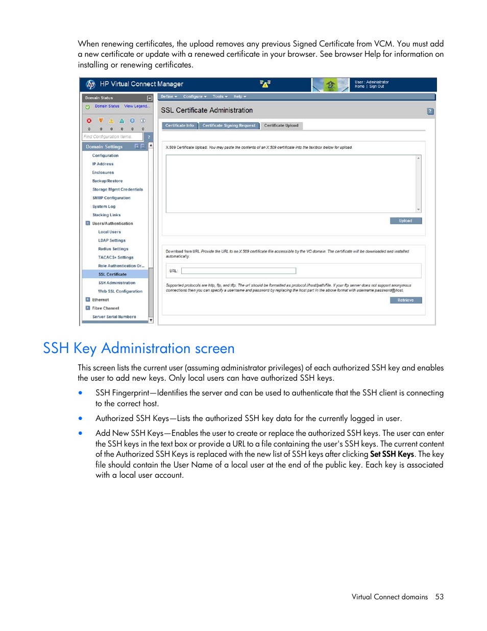 Ssh key administration screen | HP Virtual Connect 8Gb 24-port Fibre Channel Module for c-Class BladeSystem User Manual | Page 53 / 262