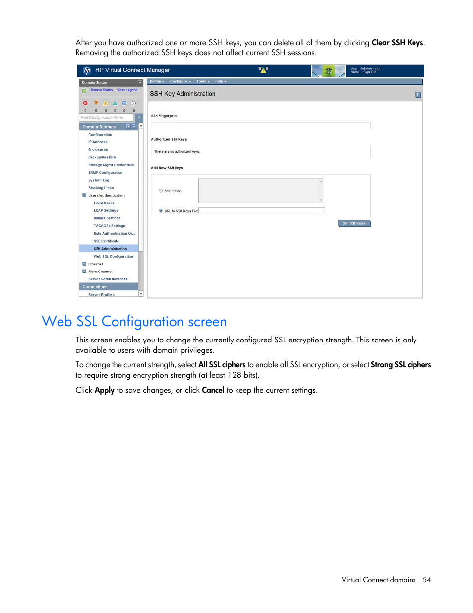 Web ssl configuration screen | HP Virtual Connect 8Gb 24-port Fibre Channel Module for c-Class BladeSystem User Manual | Page 54 / 262