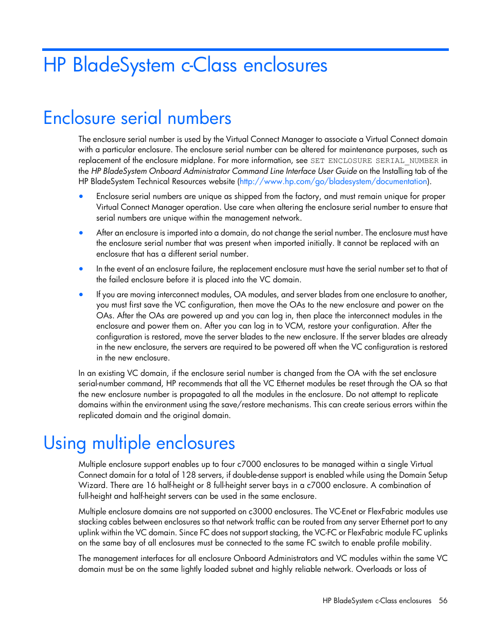 Hp bladesystem c-class enclosures, Enclosure serial numbers, Using multiple enclosures | HP Virtual Connect 8Gb 24-port Fibre Channel Module for c-Class BladeSystem User Manual | Page 56 / 262