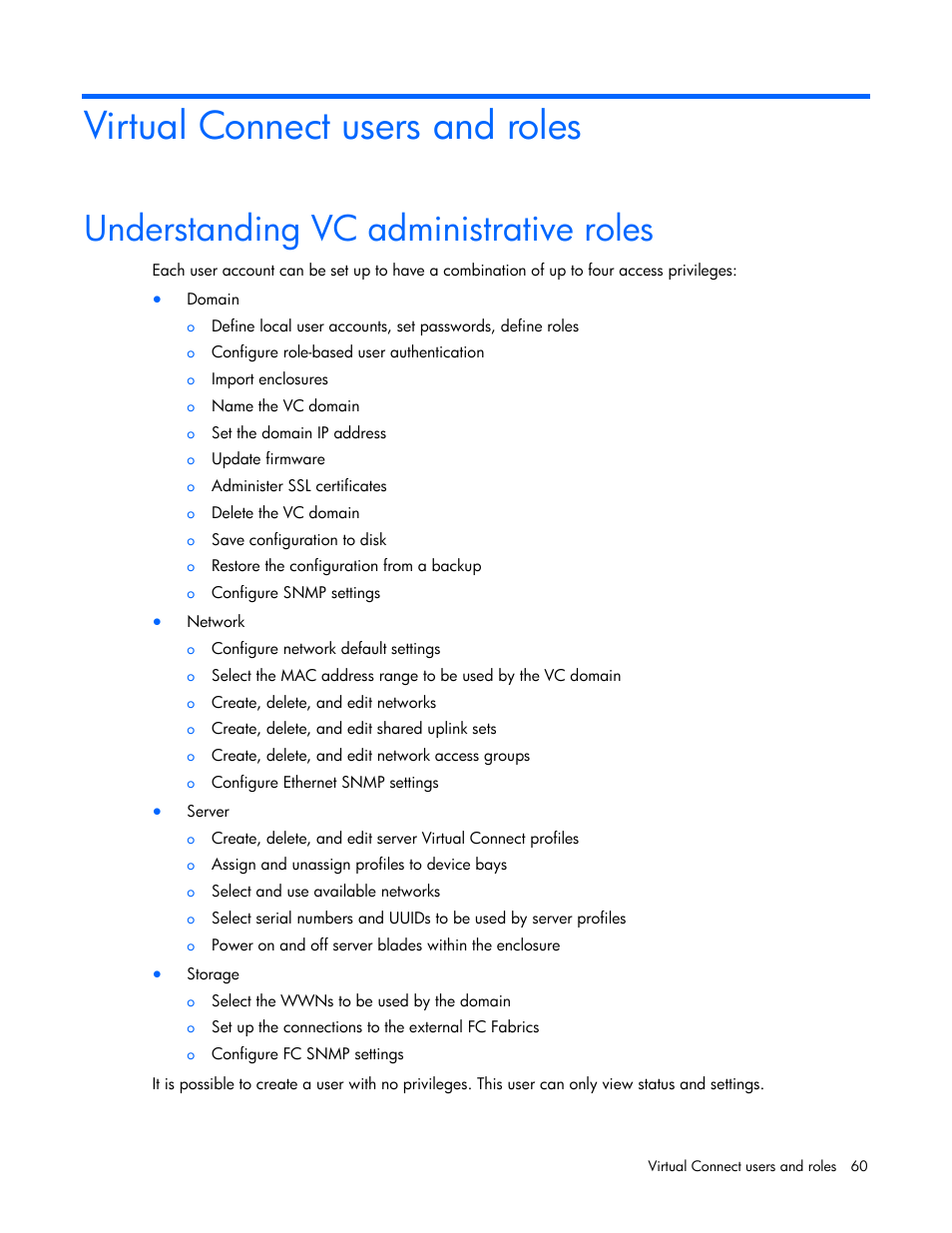 Virtual connect users and roles, Understanding vc administrative roles | HP Virtual Connect 8Gb 24-port Fibre Channel Module for c-Class BladeSystem User Manual | Page 60 / 262