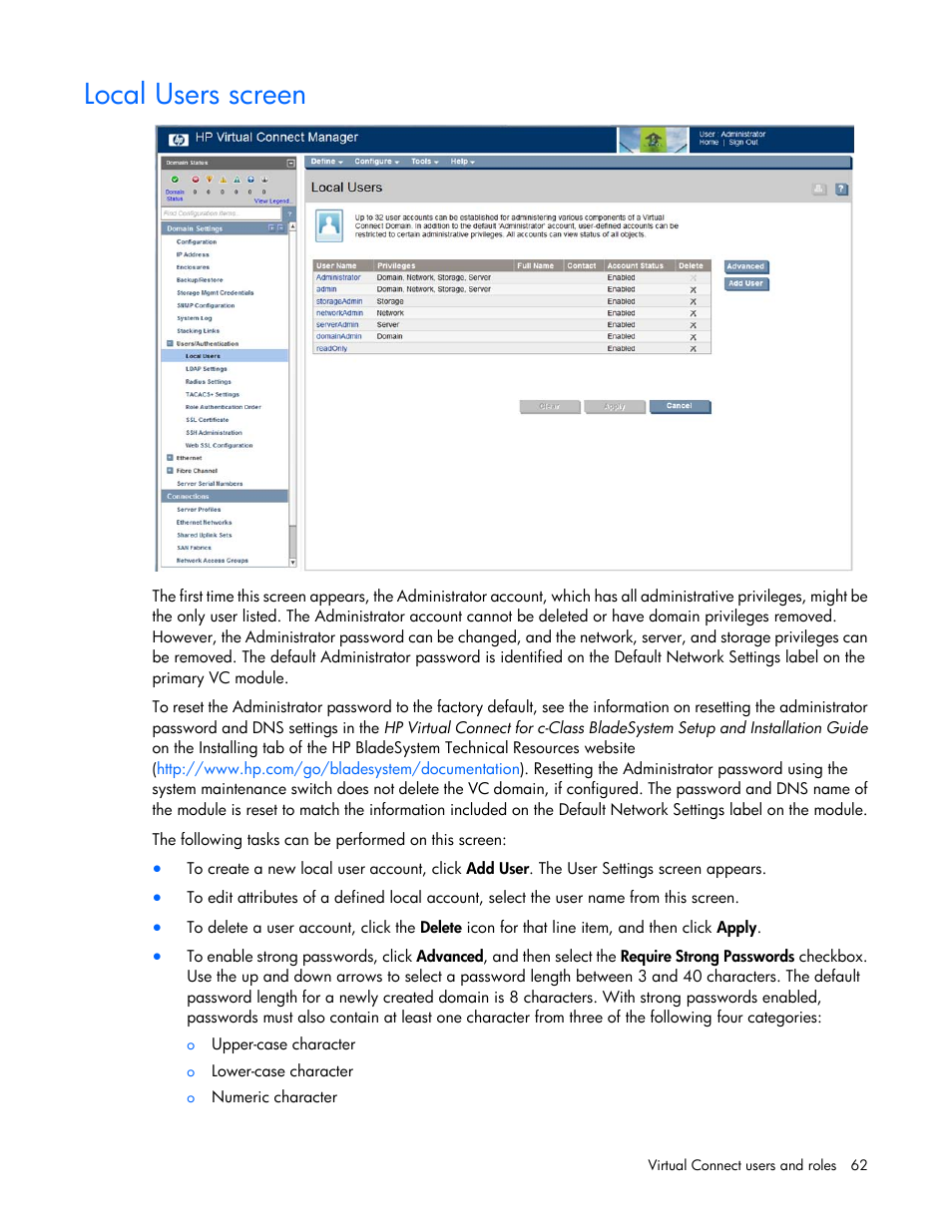 Local users screen | HP Virtual Connect 8Gb 24-port Fibre Channel Module for c-Class BladeSystem User Manual | Page 62 / 262