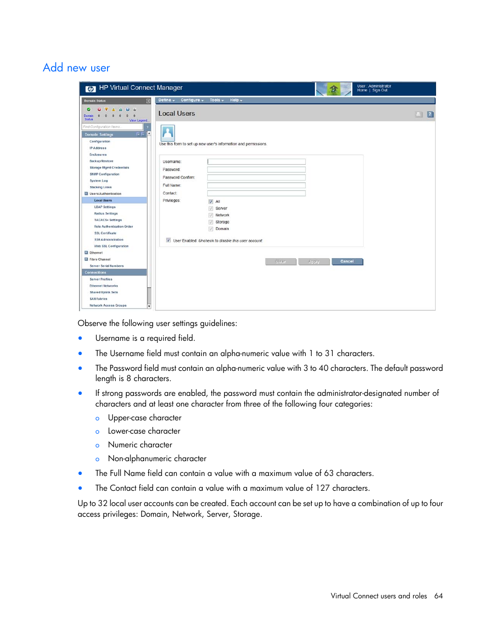 Add new user | HP Virtual Connect 8Gb 24-port Fibre Channel Module for c-Class BladeSystem User Manual | Page 64 / 262