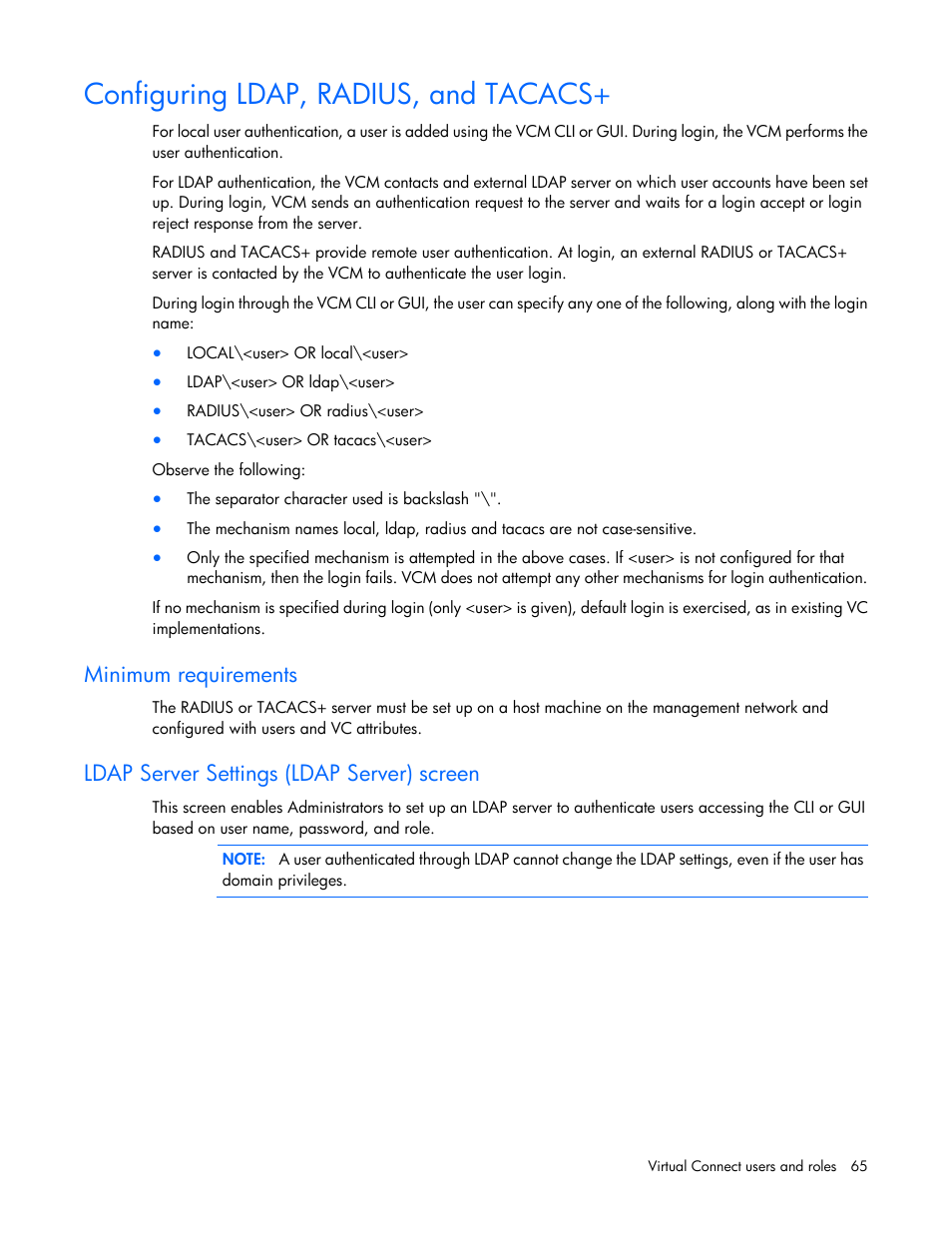 Configuring ldap, radius, and tacacs, Minimum requirements, Ldap server settings (ldap server) screen | HP Virtual Connect 8Gb 24-port Fibre Channel Module for c-Class BladeSystem User Manual | Page 65 / 262