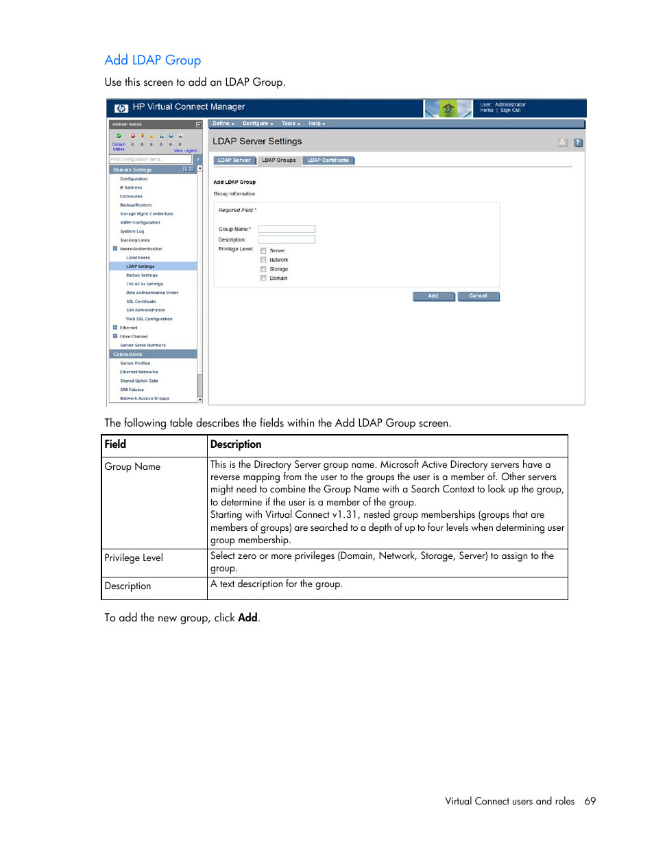 Add ldap group | HP Virtual Connect 8Gb 24-port Fibre Channel Module for c-Class BladeSystem User Manual | Page 69 / 262