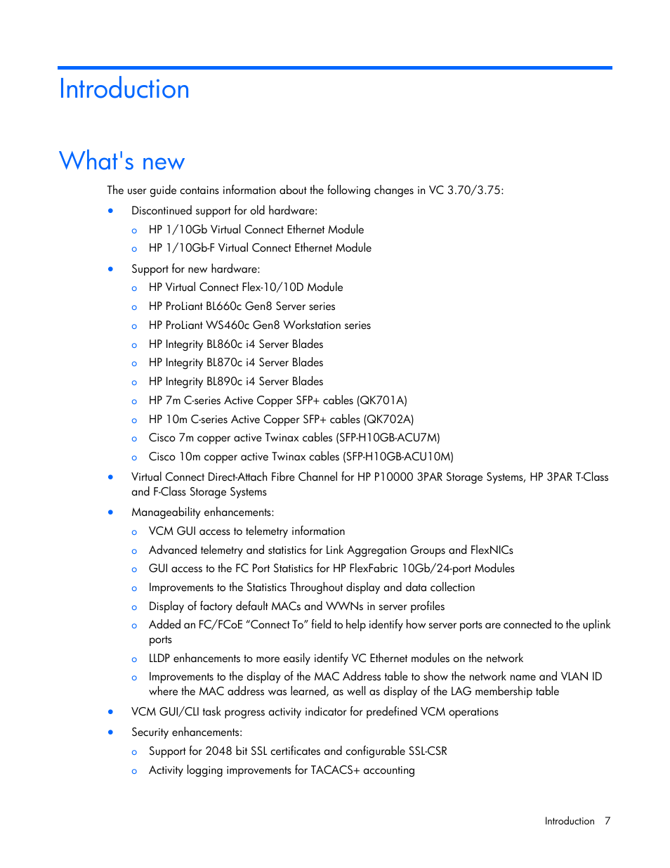 Introduction, What's new | HP Virtual Connect 8Gb 24-port Fibre Channel Module for c-Class BladeSystem User Manual | Page 7 / 262