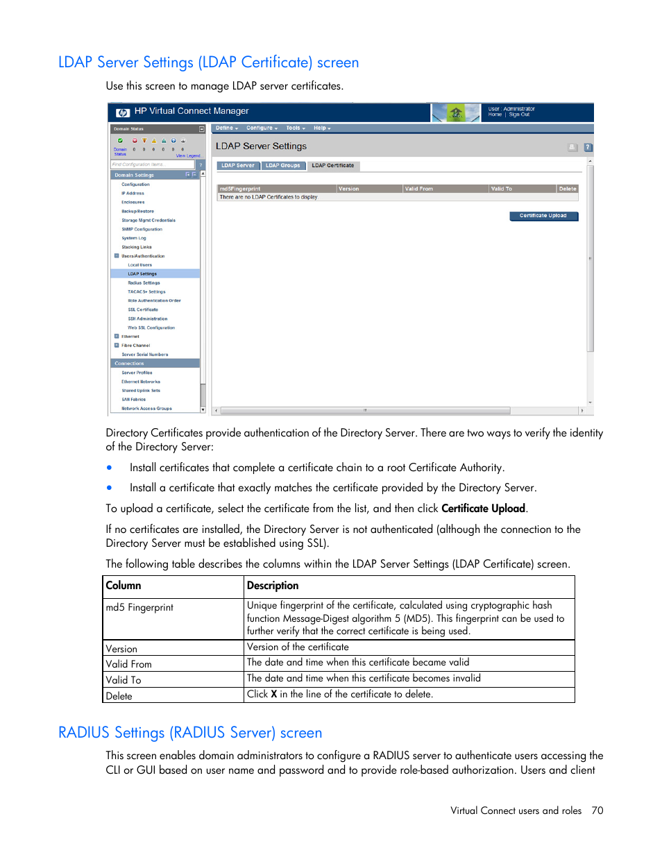 Ldap server settings (ldap certificate) screen, Radius settings (radius server) screen | HP Virtual Connect 8Gb 24-port Fibre Channel Module for c-Class BladeSystem User Manual | Page 70 / 262