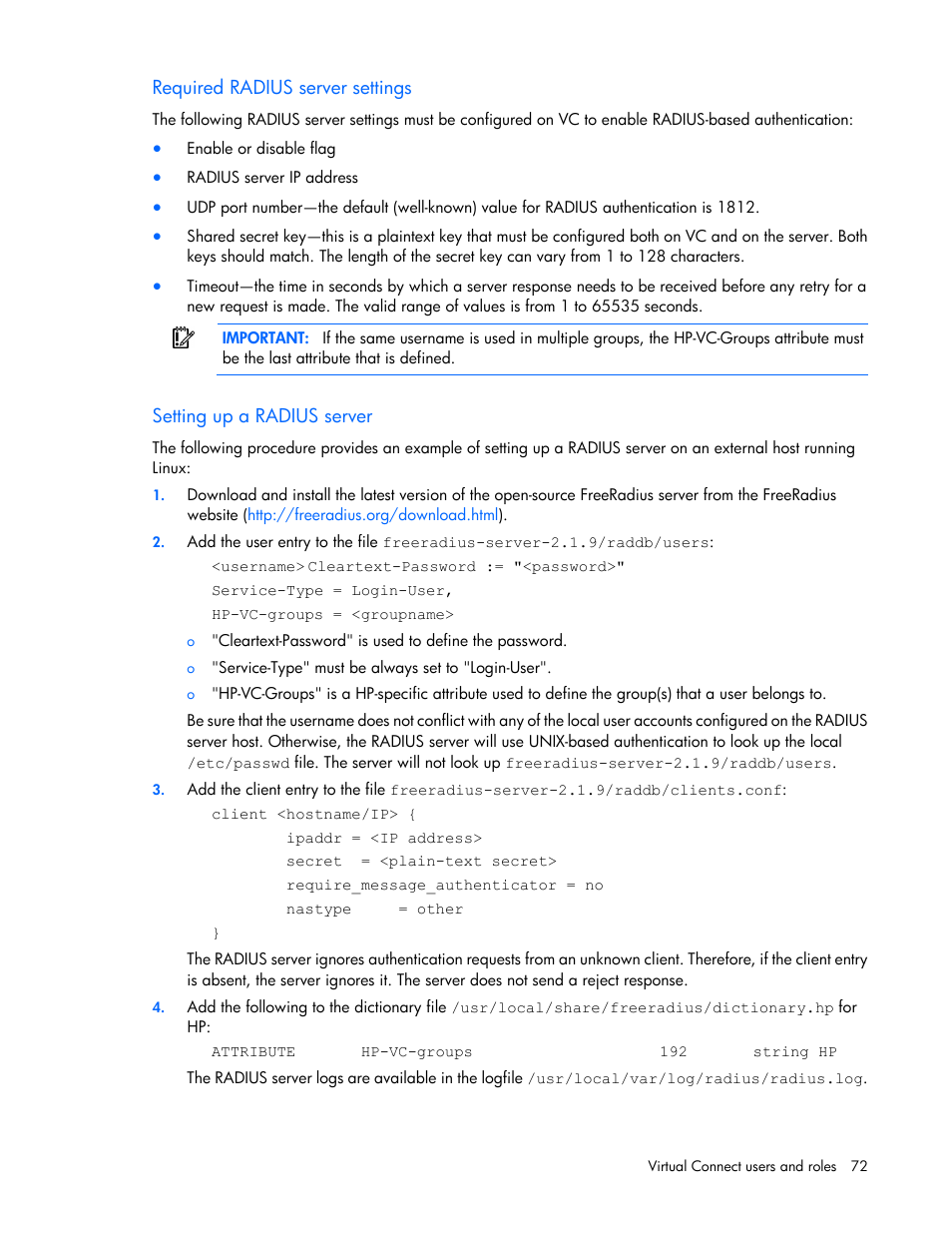 Required radius server settings, Setting up a radius server | HP Virtual Connect 8Gb 24-port Fibre Channel Module for c-Class BladeSystem User Manual | Page 72 / 262