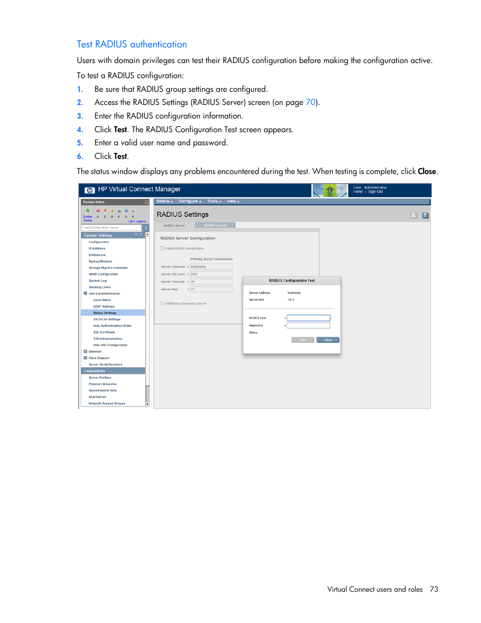 Test radius authentication | HP Virtual Connect 8Gb 24-port Fibre Channel Module for c-Class BladeSystem User Manual | Page 73 / 262