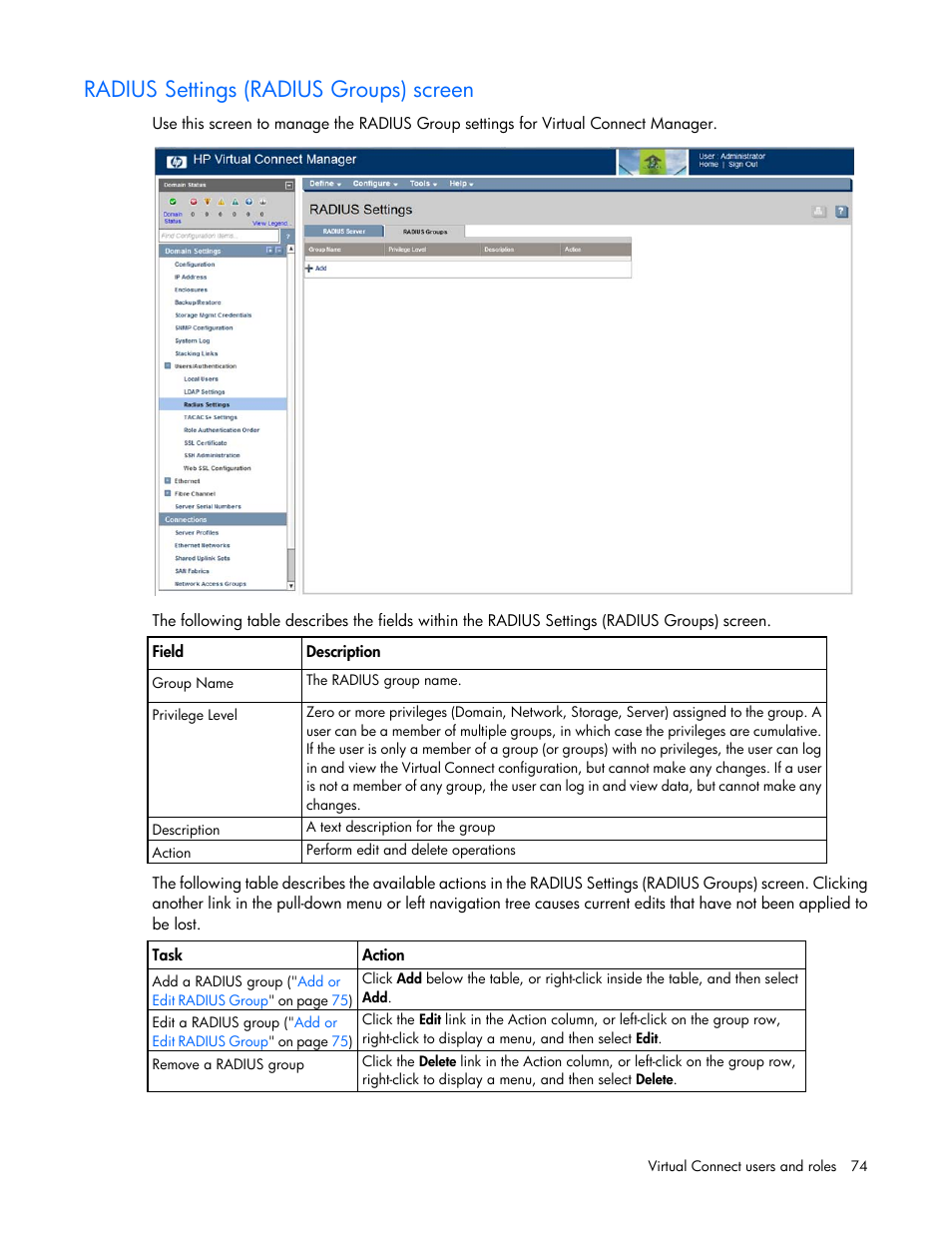 Radius settings (radius groups) screen | HP Virtual Connect 8Gb 24-port Fibre Channel Module for c-Class BladeSystem User Manual | Page 74 / 262