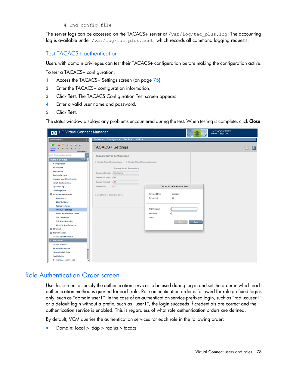 Test tacacs+ authentication, Role authentication order screen | HP Virtual Connect 8Gb 24-port Fibre Channel Module for c-Class BladeSystem User Manual | Page 78 / 262