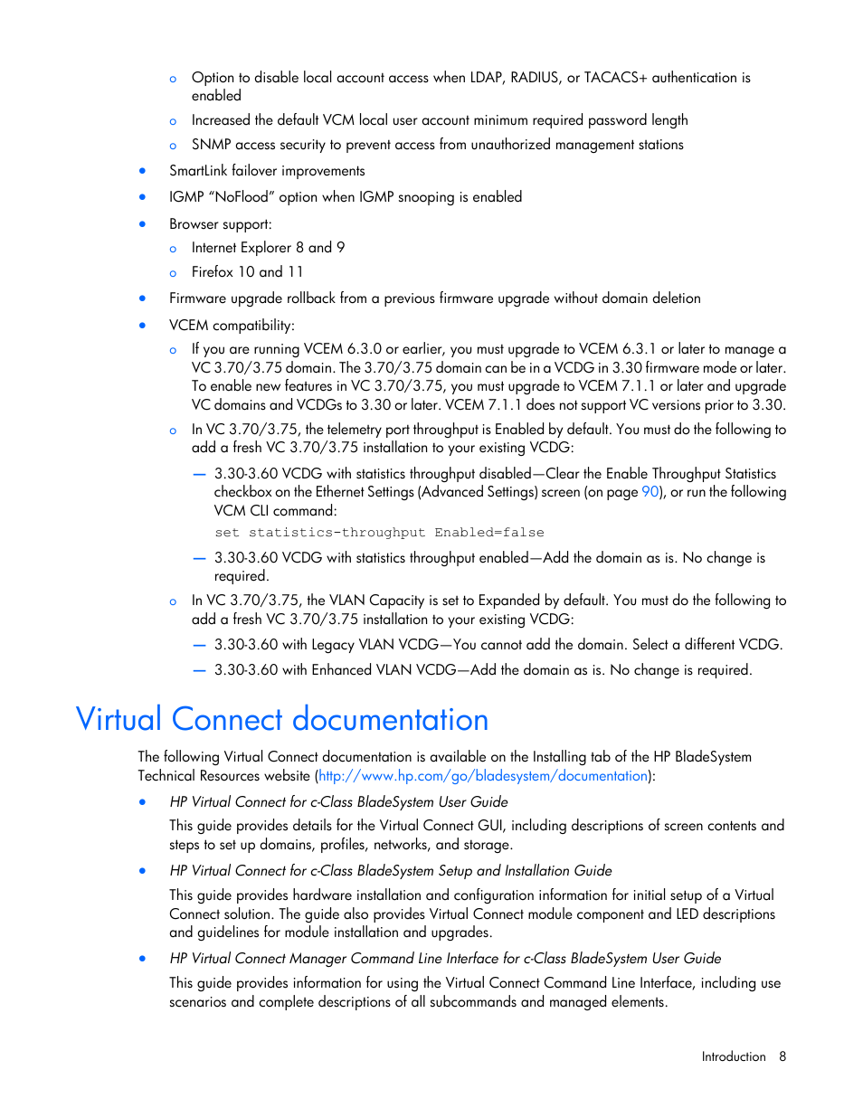 Virtual connect documentation | HP Virtual Connect 8Gb 24-port Fibre Channel Module for c-Class BladeSystem User Manual | Page 8 / 262