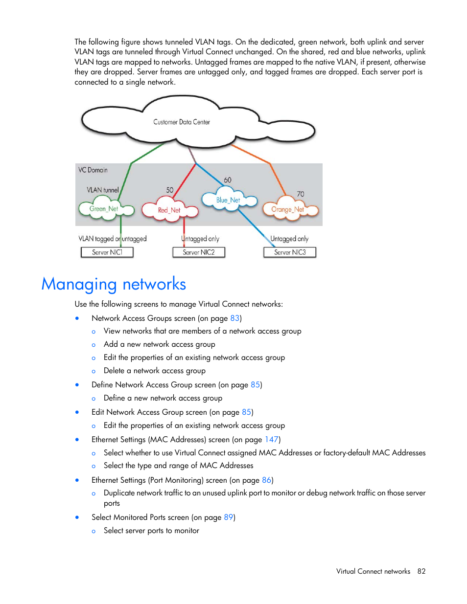 Managing networks | HP Virtual Connect 8Gb 24-port Fibre Channel Module for c-Class BladeSystem User Manual | Page 82 / 262