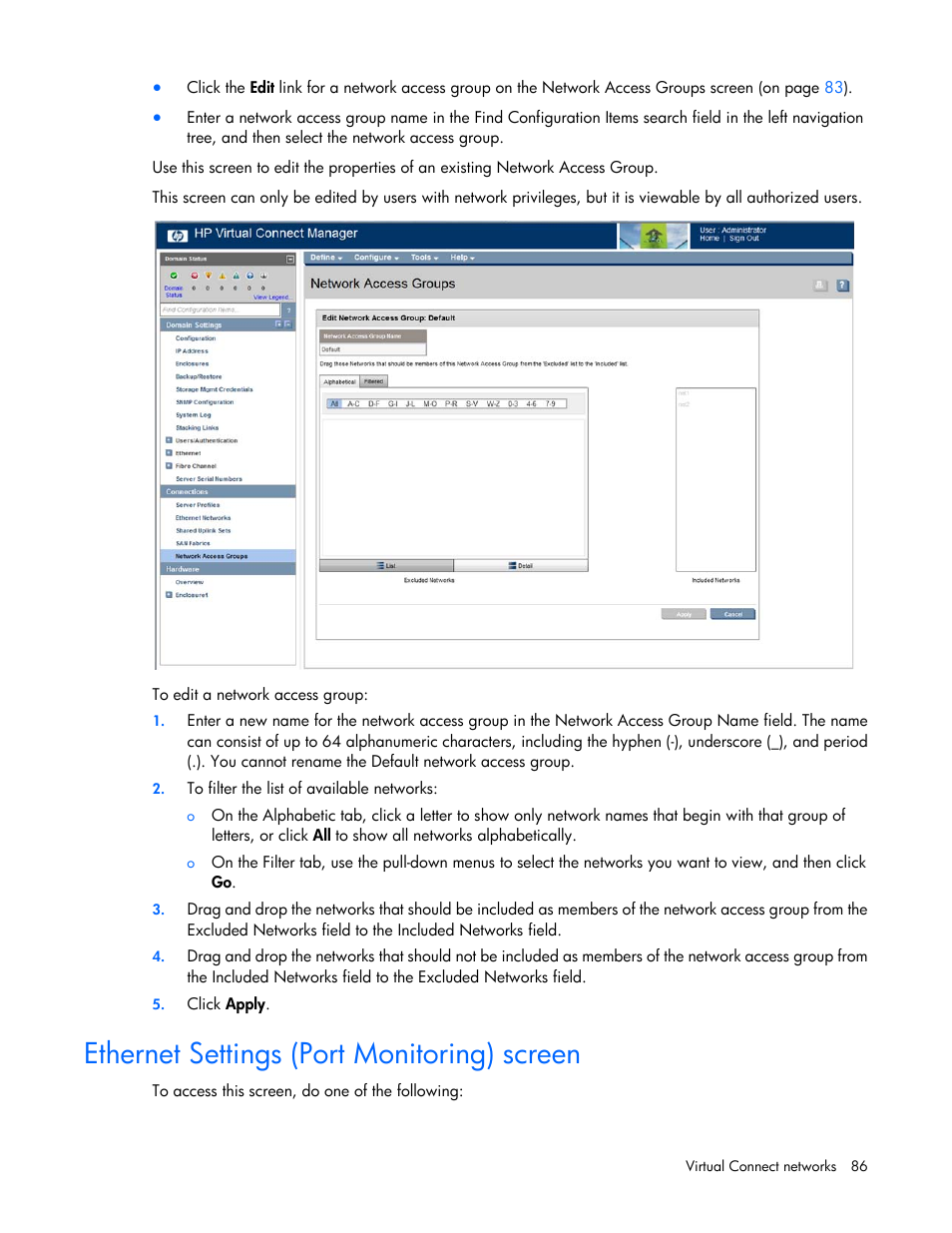 Ethernet settings (port monitoring) screen | HP Virtual Connect 8Gb 24-port Fibre Channel Module for c-Class BladeSystem User Manual | Page 86 / 262