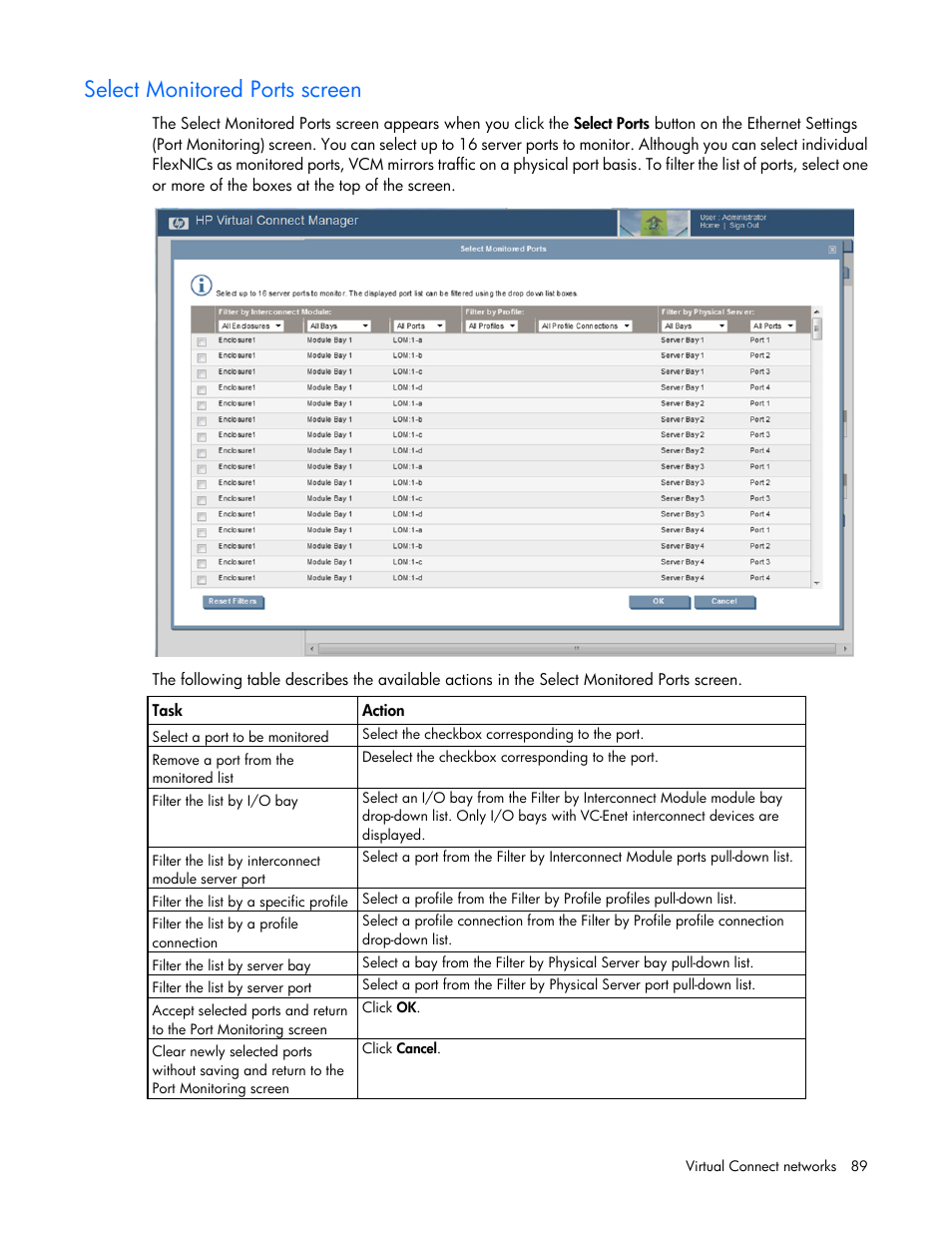 Select monitored ports screen | HP Virtual Connect 8Gb 24-port Fibre Channel Module for c-Class BladeSystem User Manual | Page 89 / 262