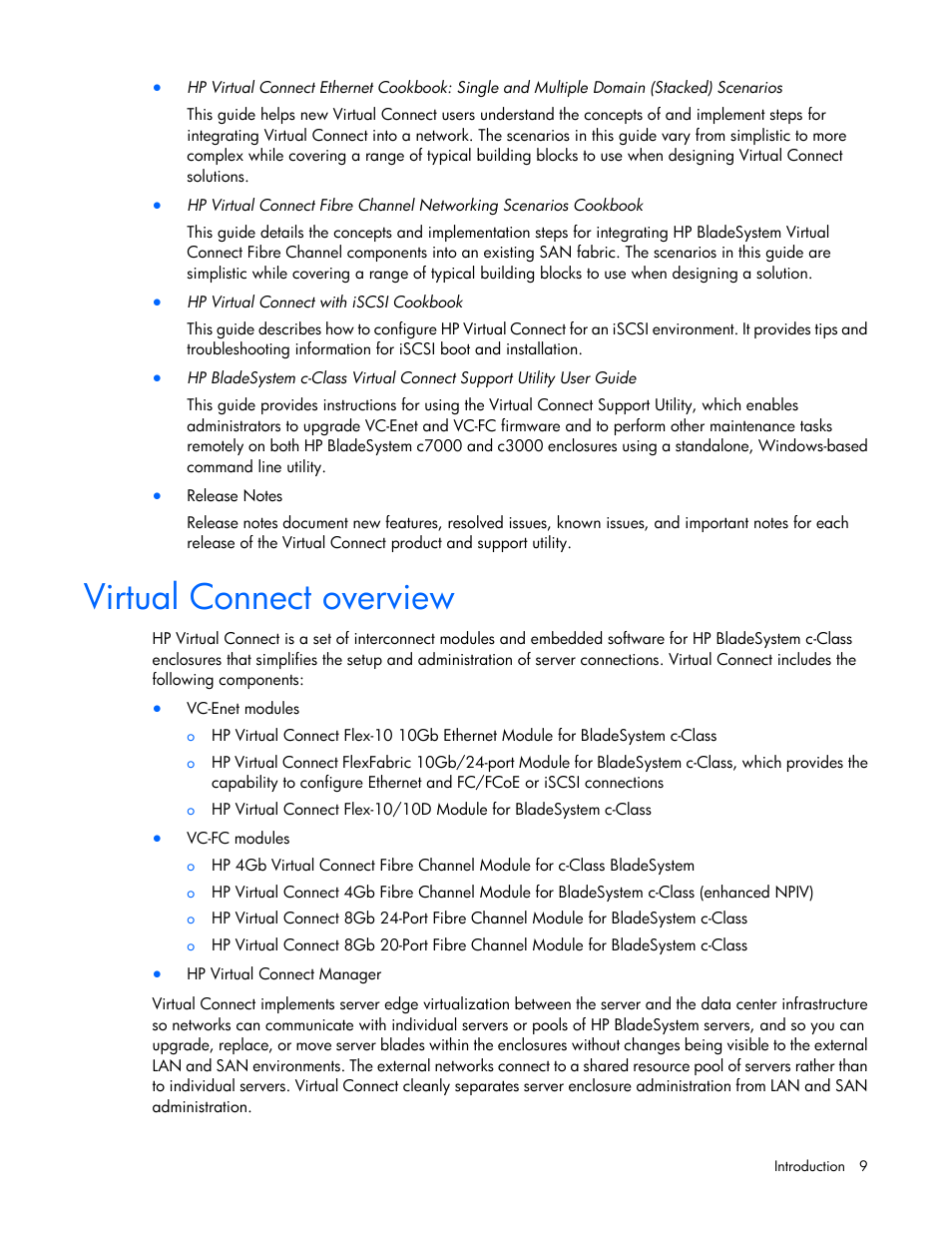 Virtual connect overview | HP Virtual Connect 8Gb 24-port Fibre Channel Module for c-Class BladeSystem User Manual | Page 9 / 262