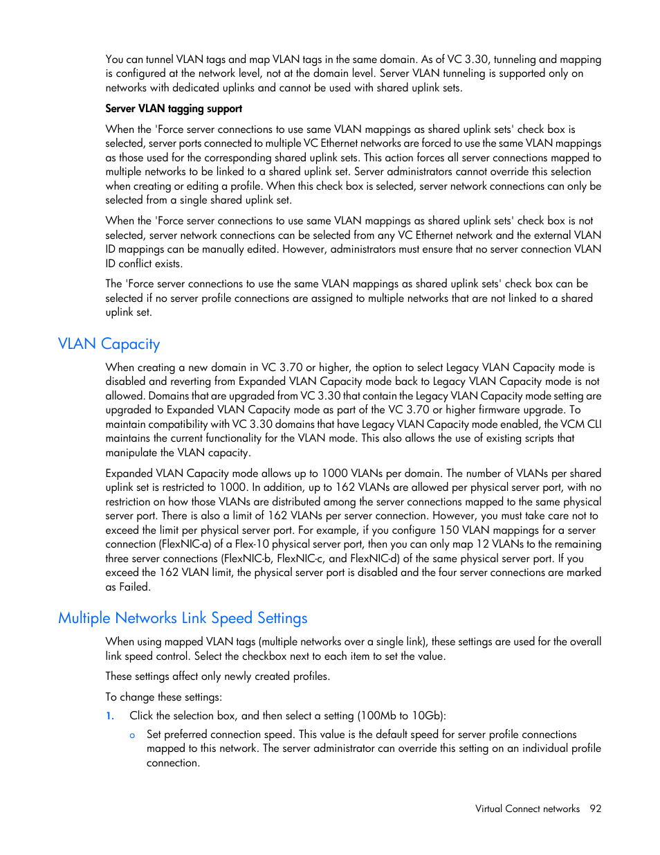 Vlan capacity, Multiple networks link speed settings | HP Virtual Connect 8Gb 24-port Fibre Channel Module for c-Class BladeSystem User Manual | Page 92 / 262