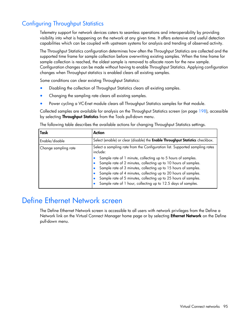 Configuring throughput statistics, Define ethernet network screen | HP Virtual Connect 8Gb 24-port Fibre Channel Module for c-Class BladeSystem User Manual | Page 95 / 262