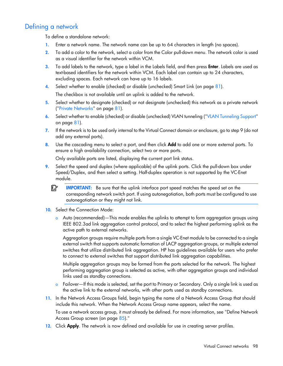 Defining a network | HP Virtual Connect 8Gb 24-port Fibre Channel Module for c-Class BladeSystem User Manual | Page 98 / 262