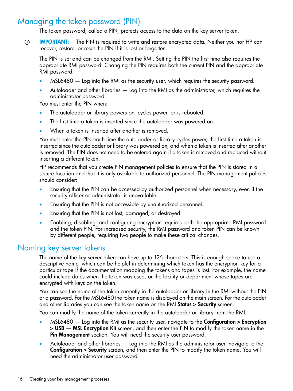 Managing the token password (pin), Naming key server tokens | HP StoreEver MSL Tape Libraries User Manual | Page 16 / 51