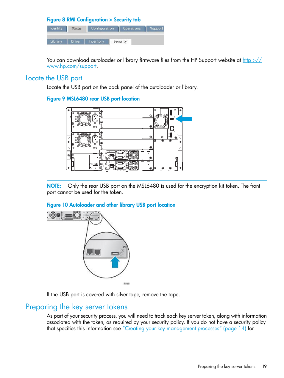 Locate the usb port, Preparing the key server tokens | HP StoreEver MSL Tape Libraries User Manual | Page 19 / 51