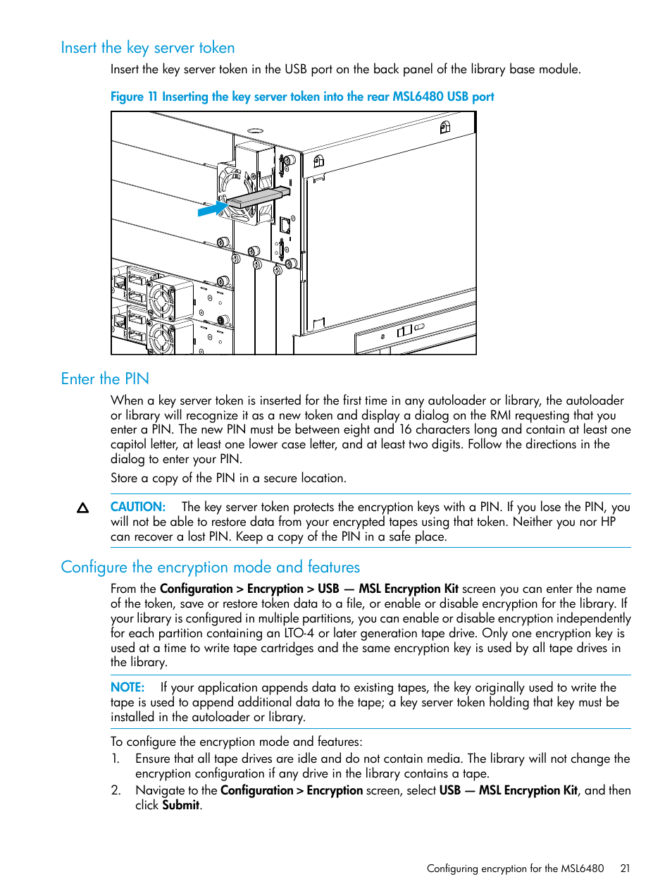 Insert the key server token, Enter the pin, Configure the encryption mode and features | HP StoreEver MSL Tape Libraries User Manual | Page 21 / 51