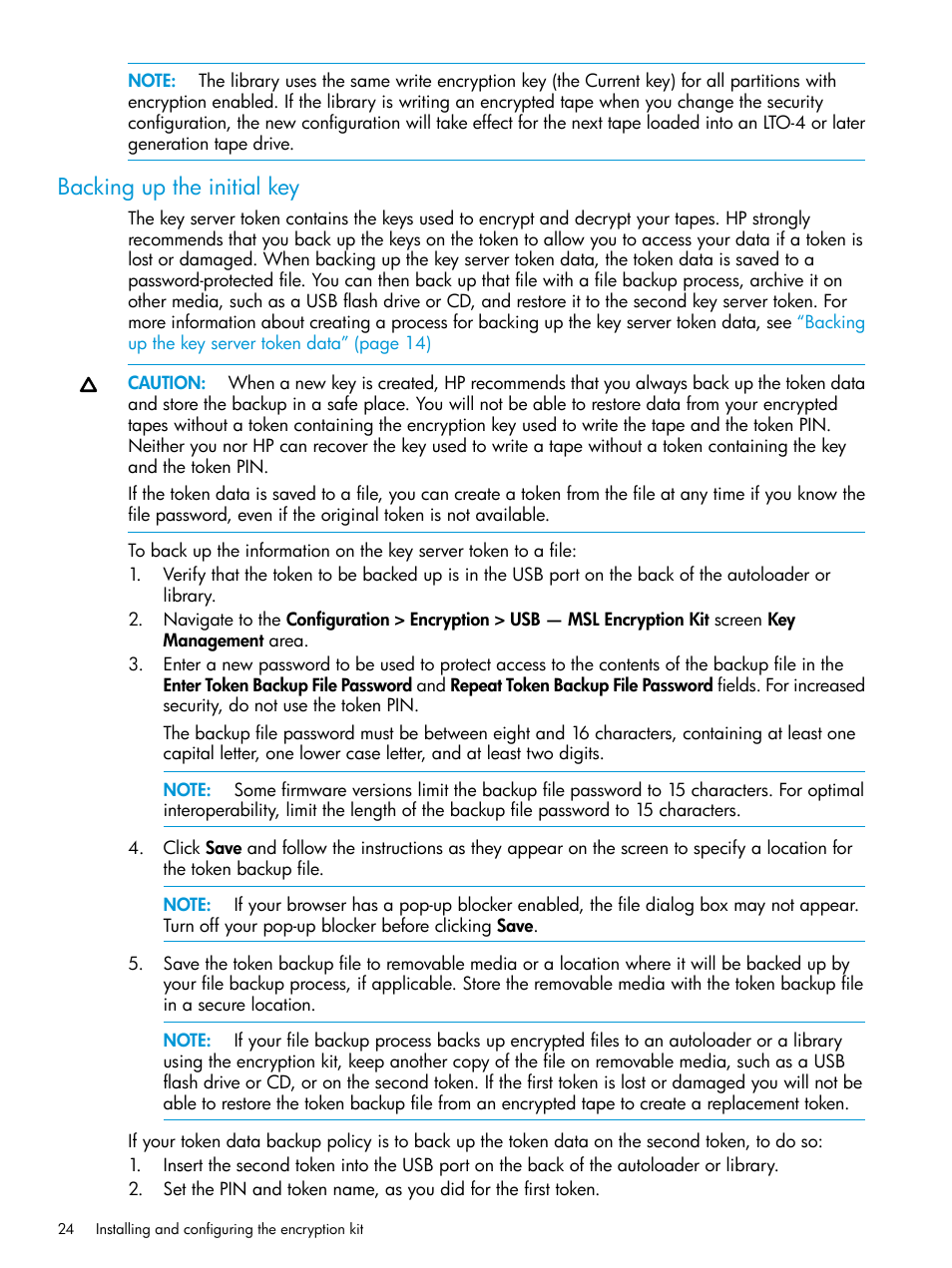 Backing up the initial key | HP StoreEver MSL Tape Libraries User Manual | Page 24 / 51