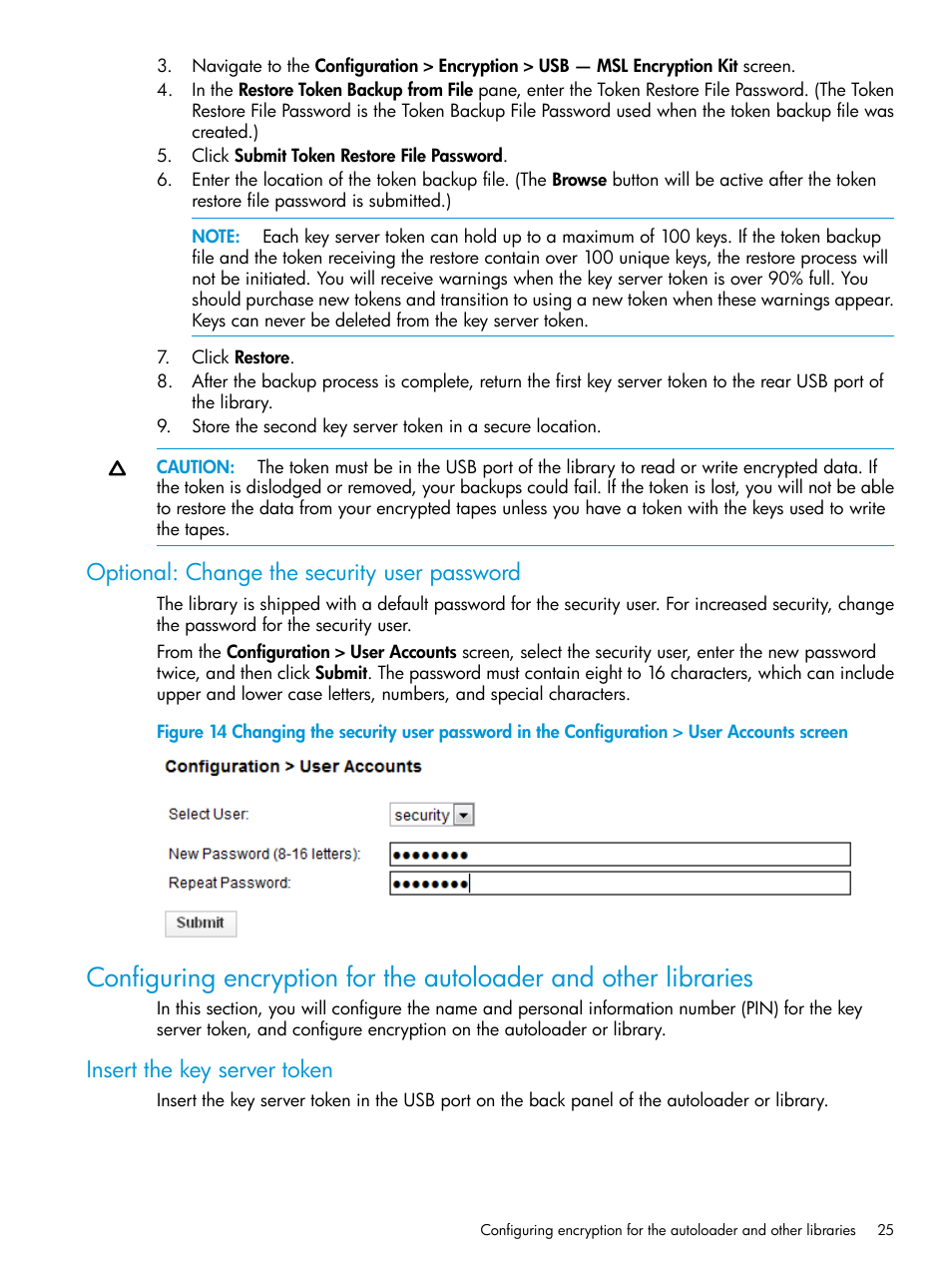 Optional: change the security user password, Insert the key server token | HP StoreEver MSL Tape Libraries User Manual | Page 25 / 51