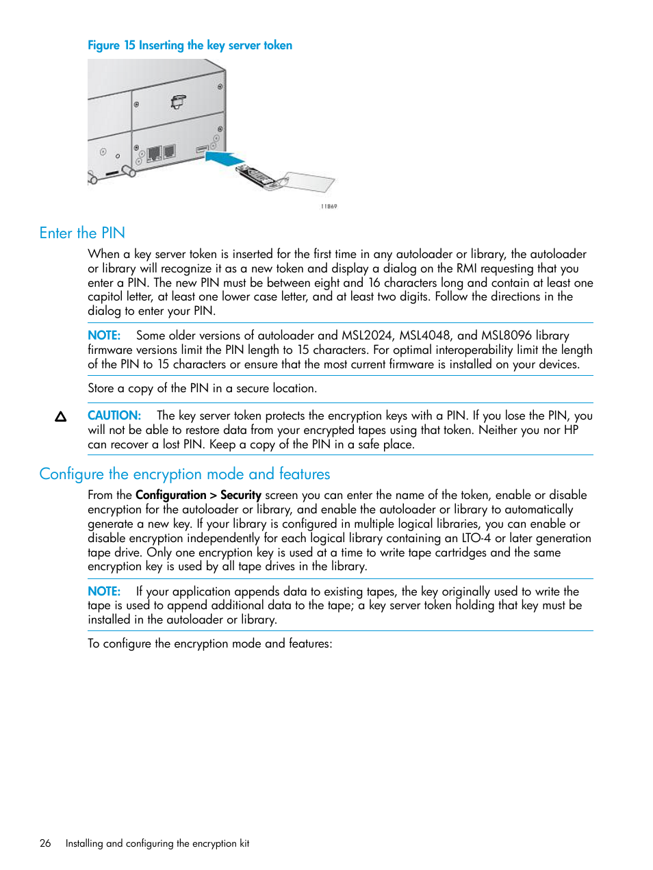 Enter the pin, Configure the encryption mode and features | HP StoreEver MSL Tape Libraries User Manual | Page 26 / 51