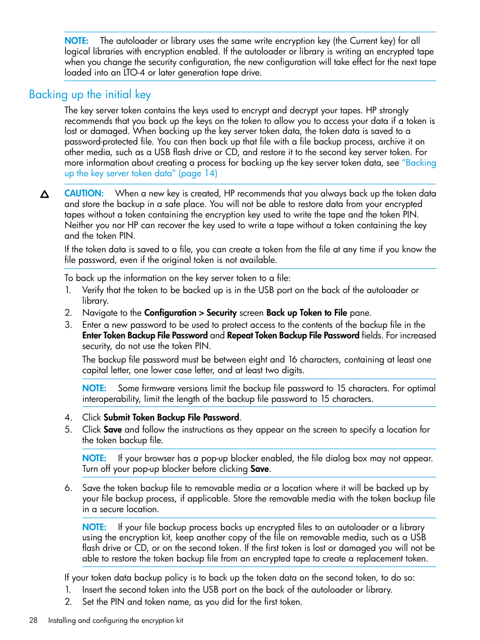 Backing up the initial key | HP StoreEver MSL Tape Libraries User Manual | Page 28 / 51