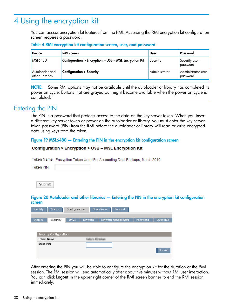 4 using the encryption kit, Entering the pin | HP StoreEver MSL Tape Libraries User Manual | Page 30 / 51