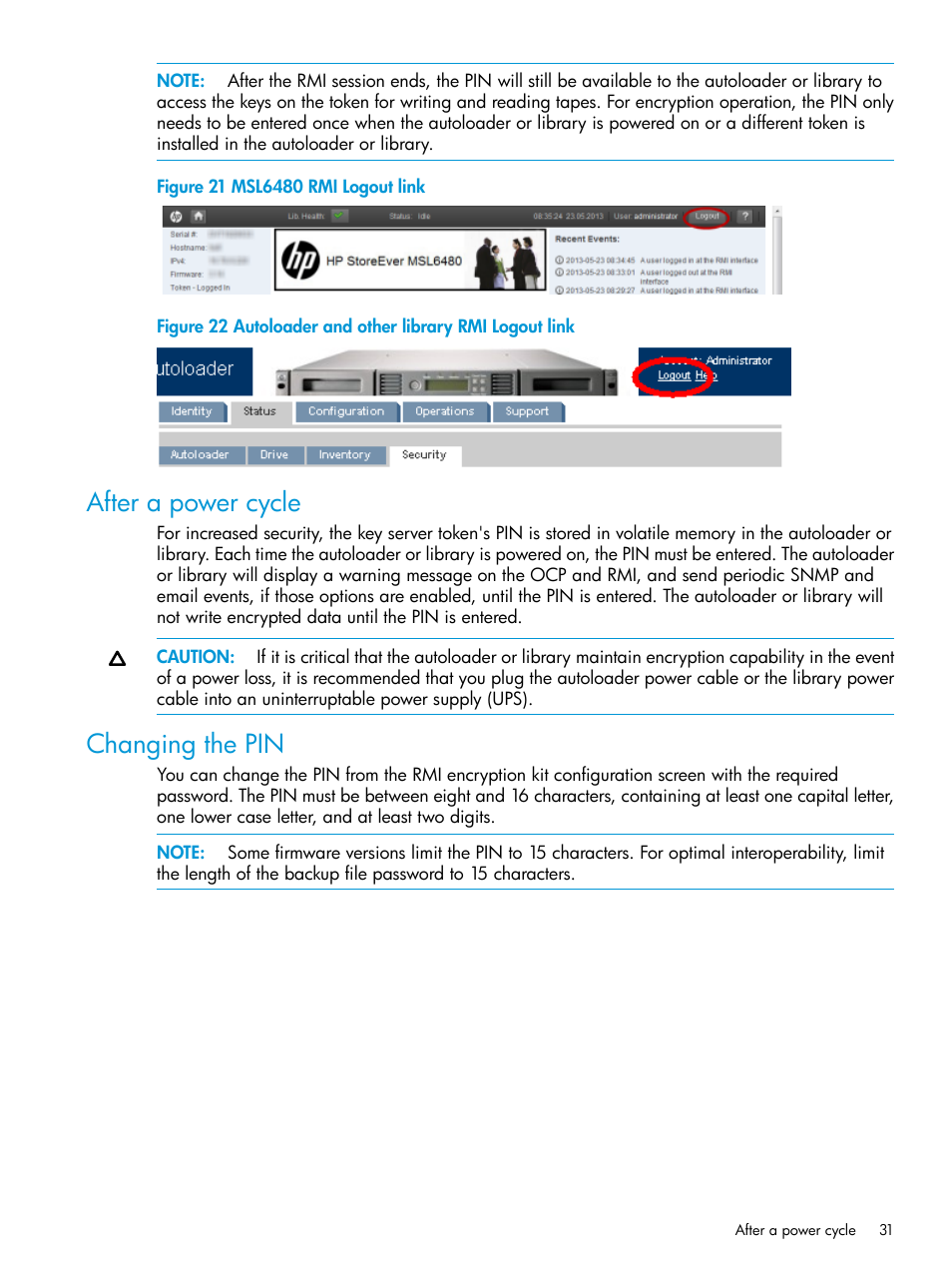 After a power cycle, Changing the pin, After a power cycle changing the pin | HP StoreEver MSL Tape Libraries User Manual | Page 31 / 51