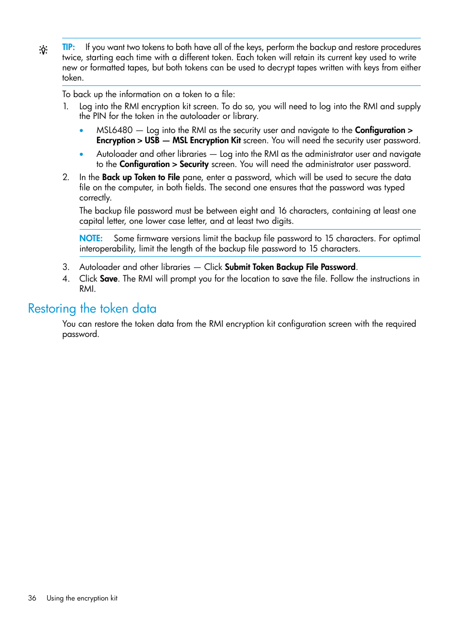 Restoring the token data | HP StoreEver MSL Tape Libraries User Manual | Page 36 / 51