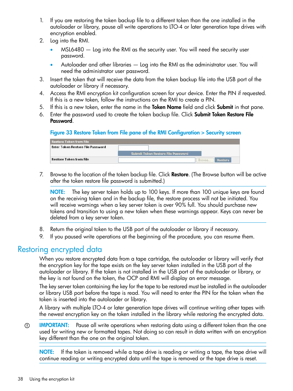 Restoring encrypted data | HP StoreEver MSL Tape Libraries User Manual | Page 38 / 51