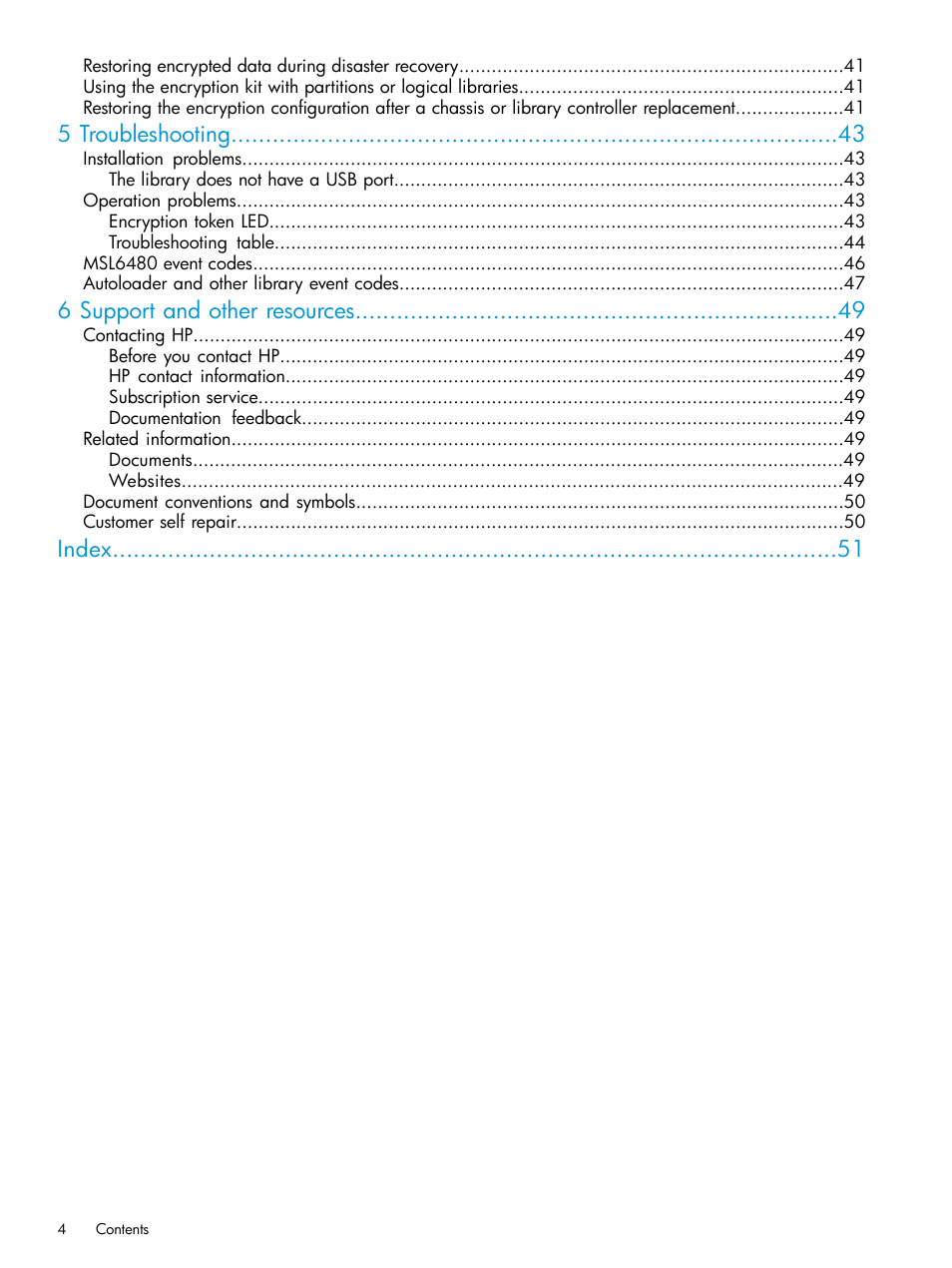 5 troubleshooting, 6 support and other resources, Index | HP StoreEver MSL Tape Libraries User Manual | Page 4 / 51