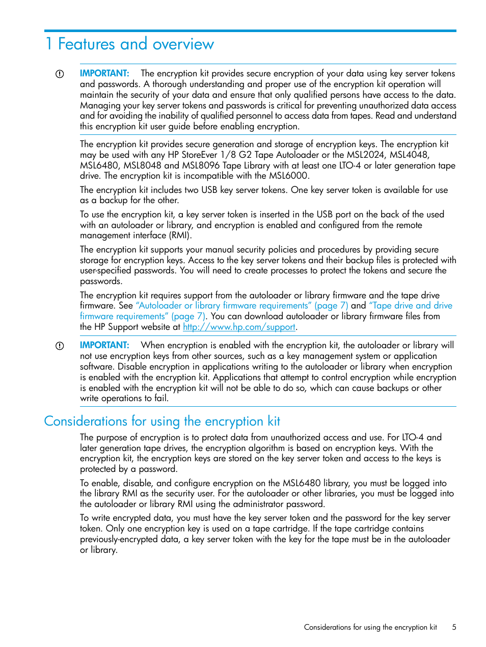 1 features and overview, Considerations for using the encryption kit | HP StoreEver MSL Tape Libraries User Manual | Page 5 / 51