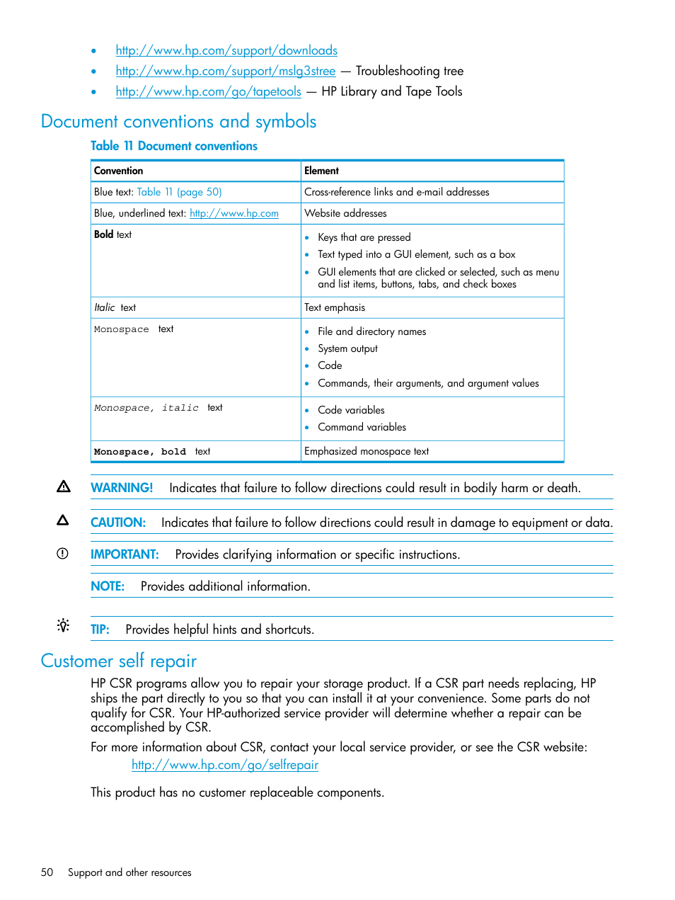 Document conventions and symbols, Customer self repair | HP StoreEver MSL Tape Libraries User Manual | Page 50 / 51