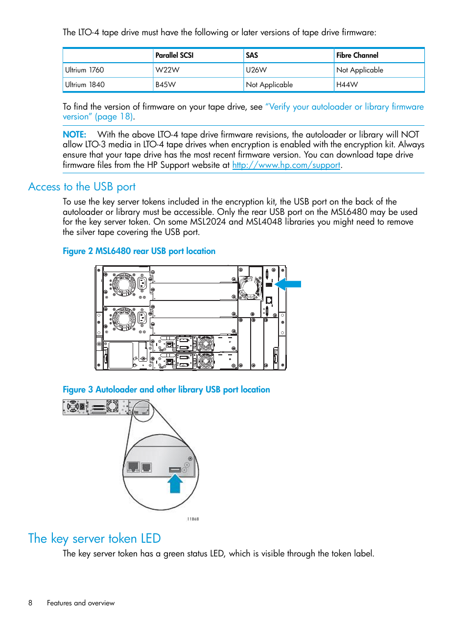 Access to the usb port, The key server token led | HP StoreEver MSL Tape Libraries User Manual | Page 8 / 51