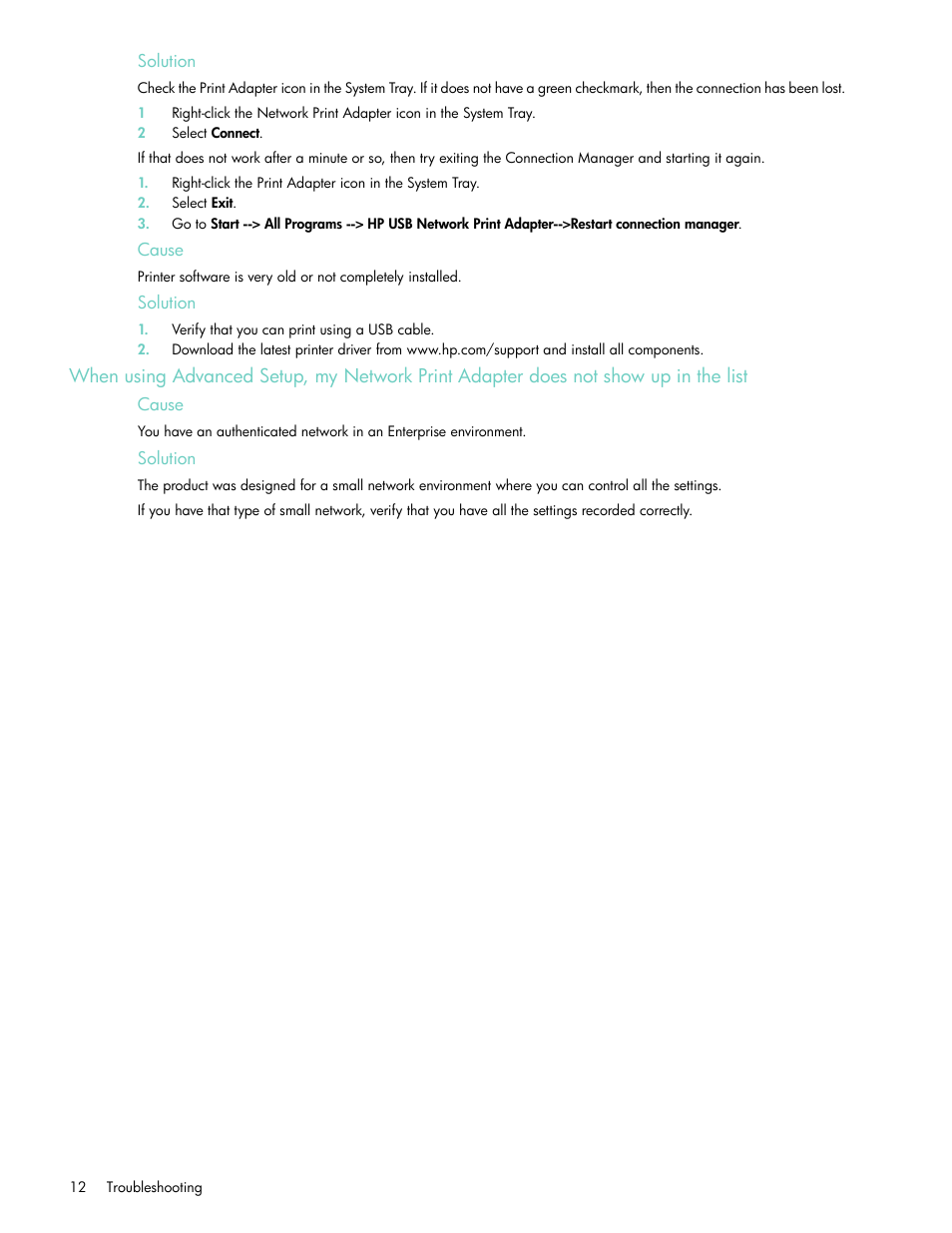 Solution, Cause | HP USB Network Print Adapter User Manual | Page 12 / 18