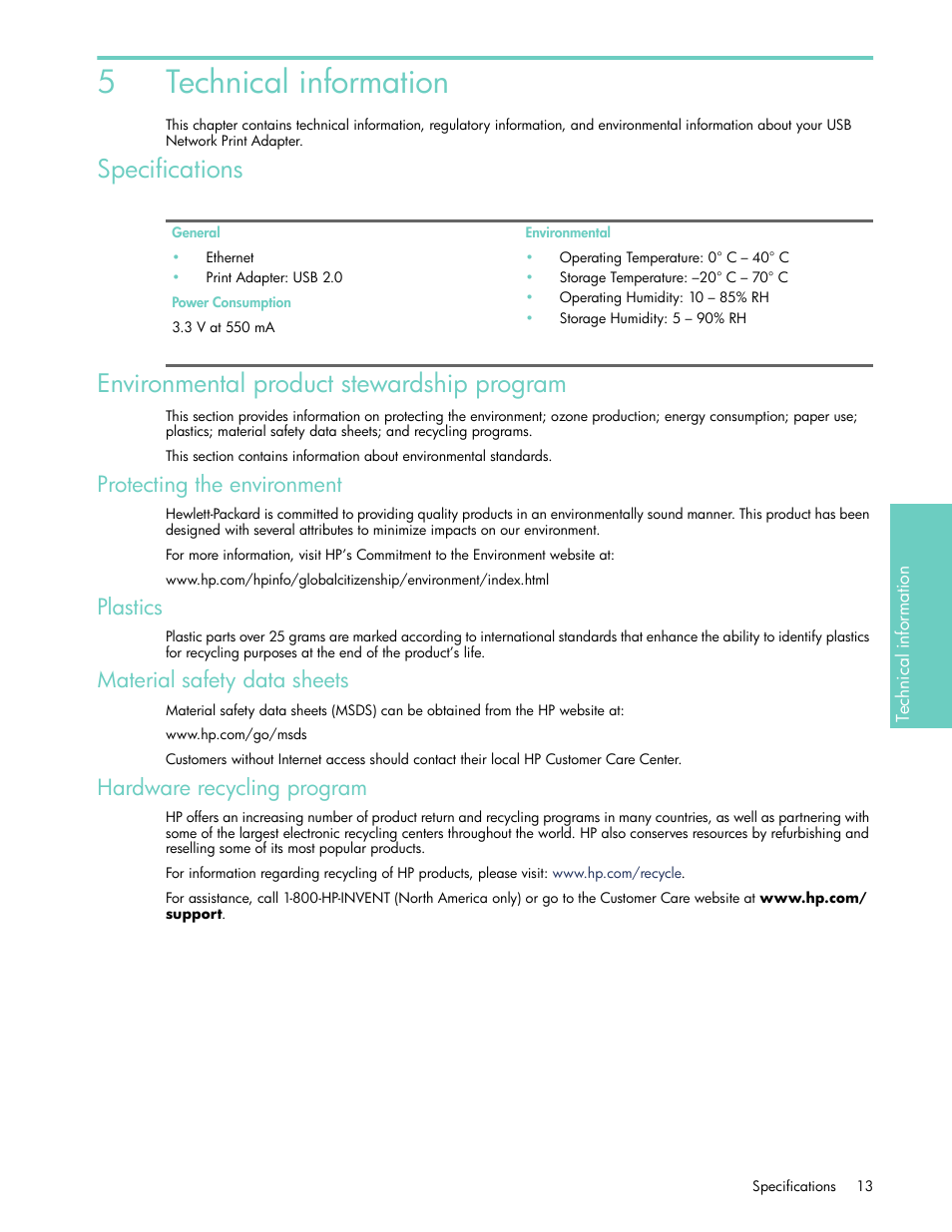 Technical information, Specifications, Environmental product stewardship program | Protecting the environment, Plastics, Material safety data sheets, Hardware recycling program, 5 technical information, 5technical information | HP USB Network Print Adapter User Manual | Page 13 / 18